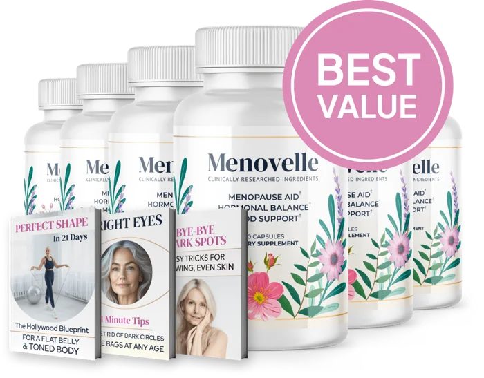 Menovelle 6 bottle pack with 3 free bonuses, $49 per bottle
